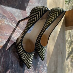 Jimmy Choo Black and Gold Woven Heels
